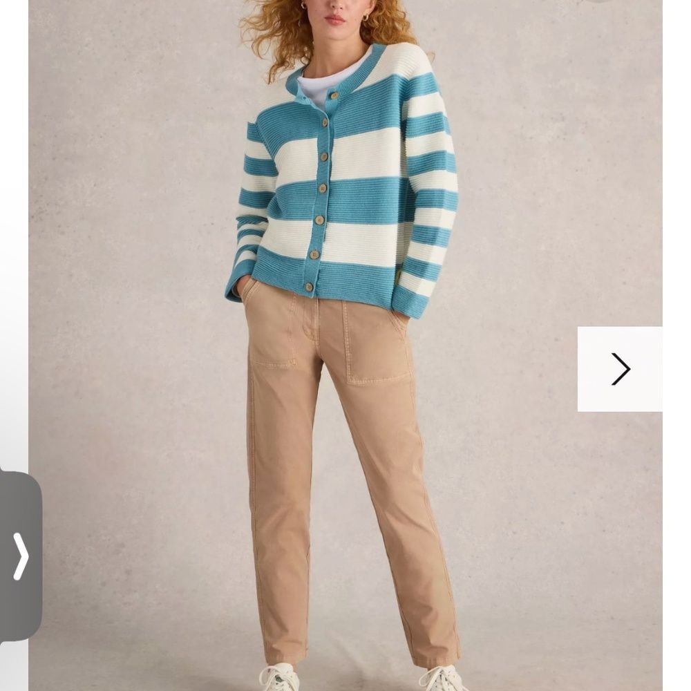 White Stuff Jana Cardi Striped Cardigan Jumper Ribbed Knit Sz 6 P2P 19.75“